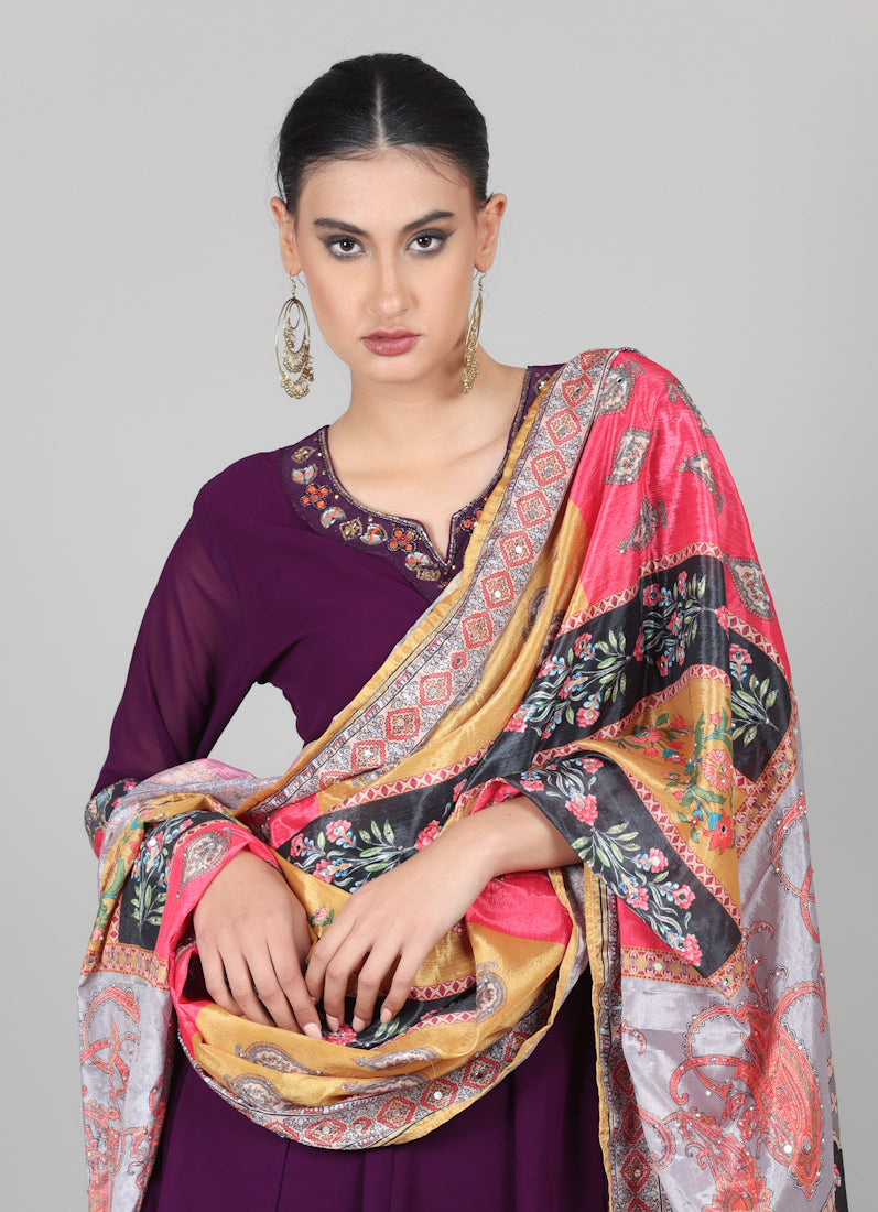 Wine Georgette Multicolour Printed Dupatta Suit Set