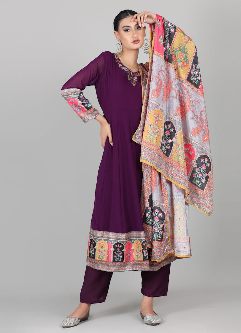 Wine Georgette Multicolour Printed Dupatta Suit Set