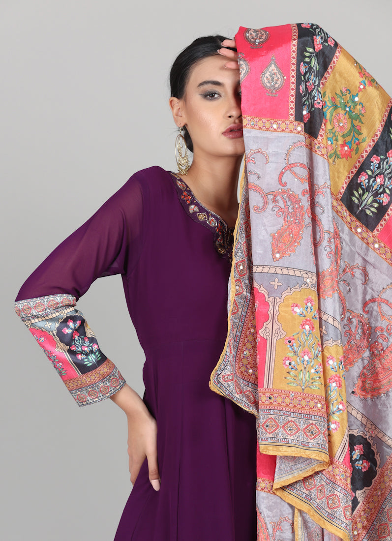 Wine Georgette Multicolour Printed Dupatta Suit Set