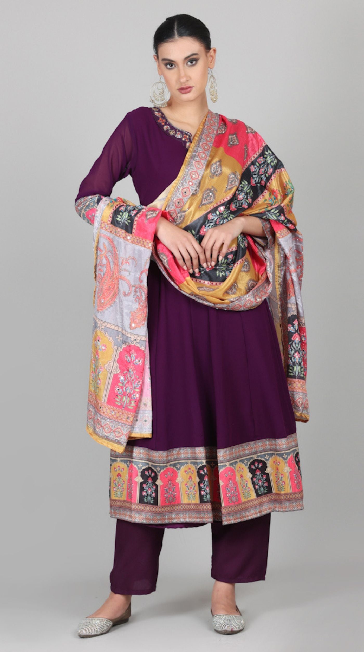 Wine Georgette Multicolour Printed Dupatta Suit Set