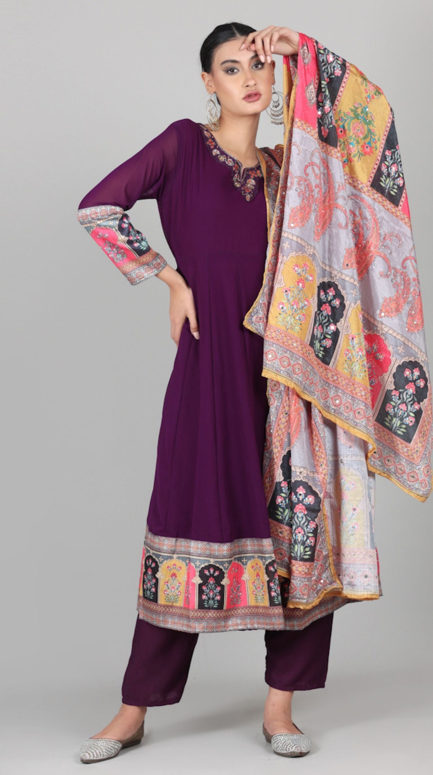 Wine Georgette Multicolour Printed Dupatta Suit Set