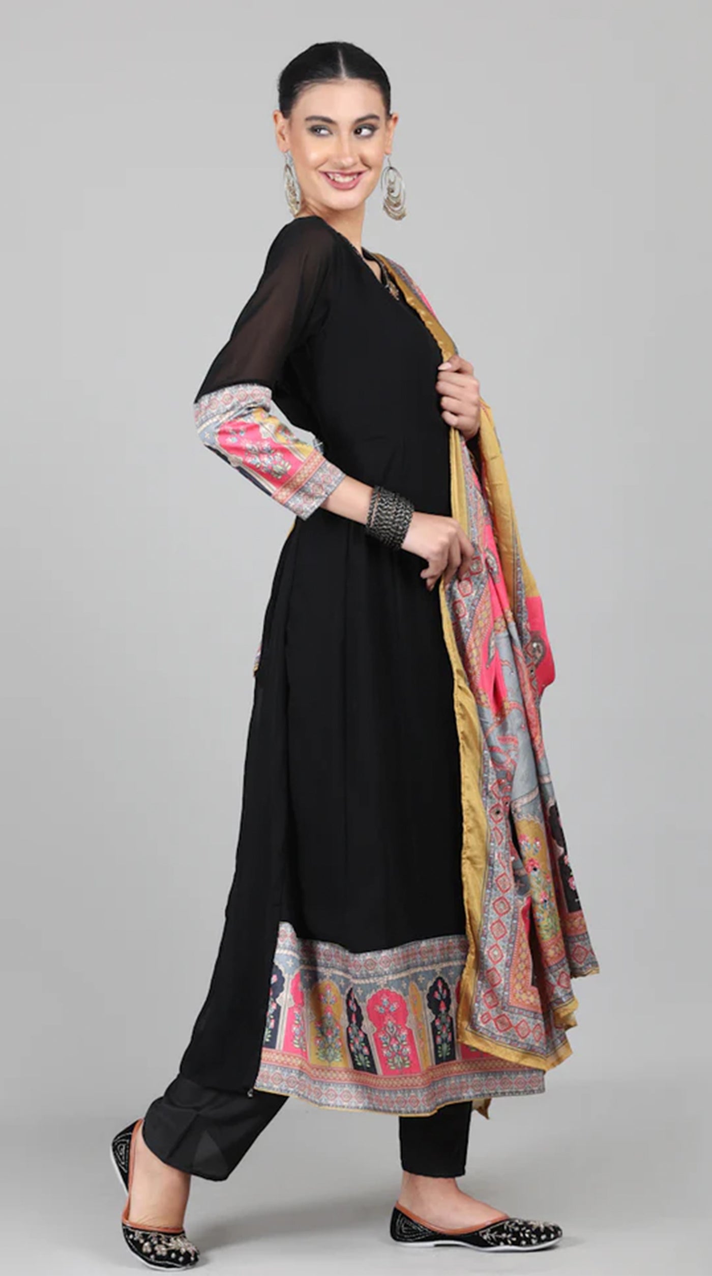 Black Georgette Multicolour Printed Duaptta Suit Set