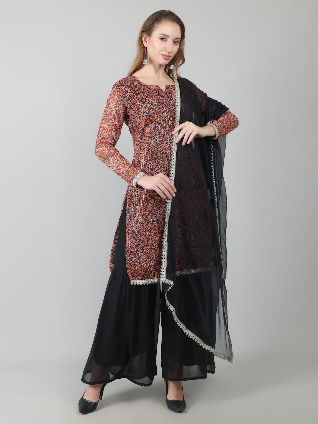 Rust Georgette Lurex Suit Set