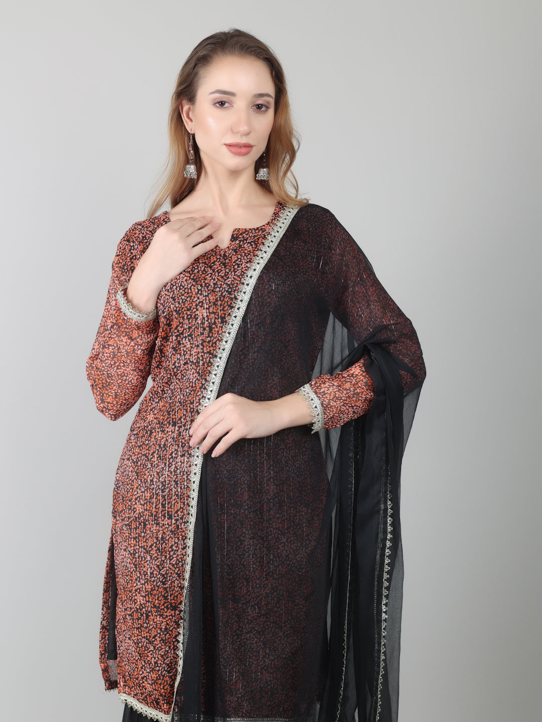 Rust Georgette Lurex Suit Set
