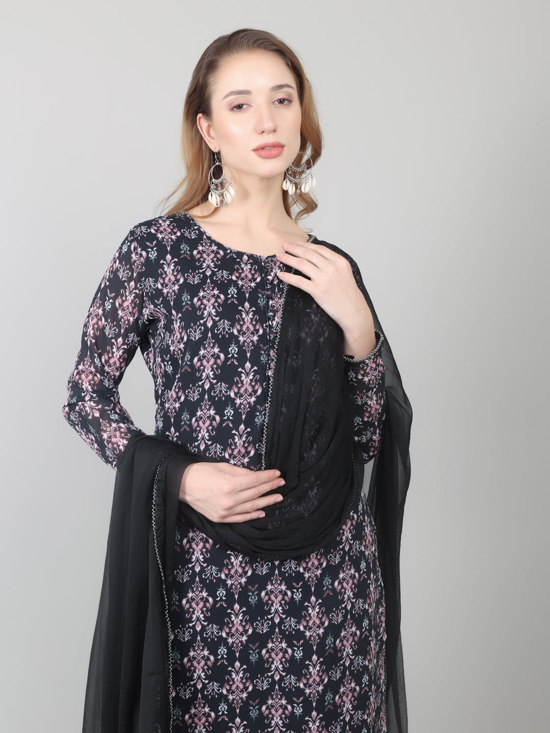Black Georgette Printed Straight Suit Set