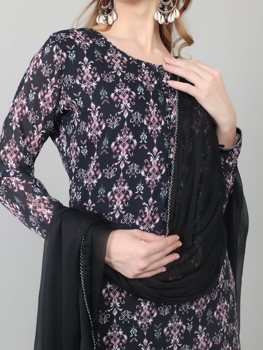 Black Georgette Printed Straight Suit Set