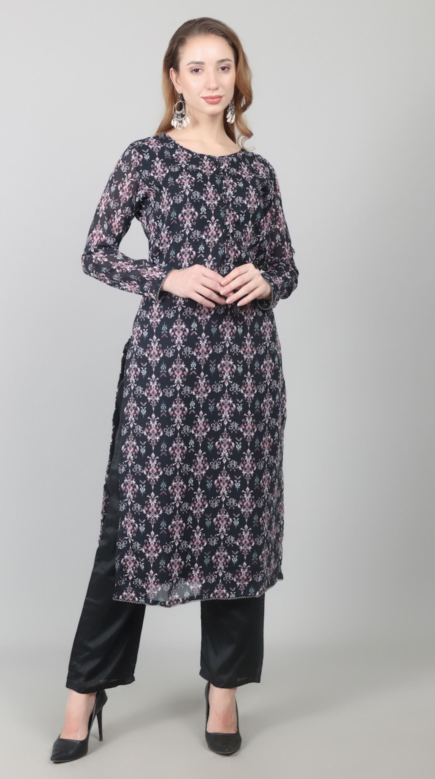 Black Georgette Printed Straight Suit Set