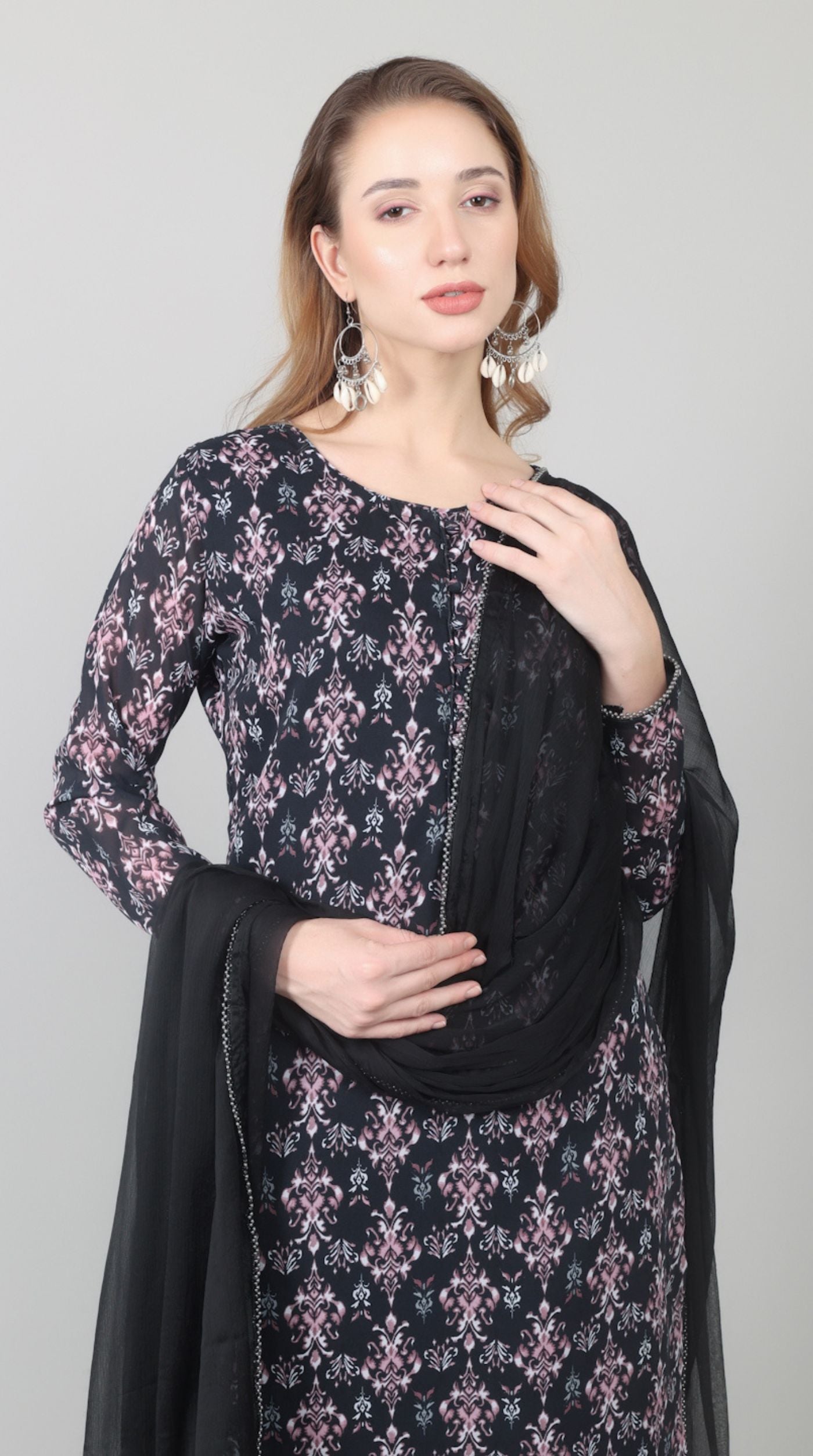 Black Georgette Printed Straight Suit Set