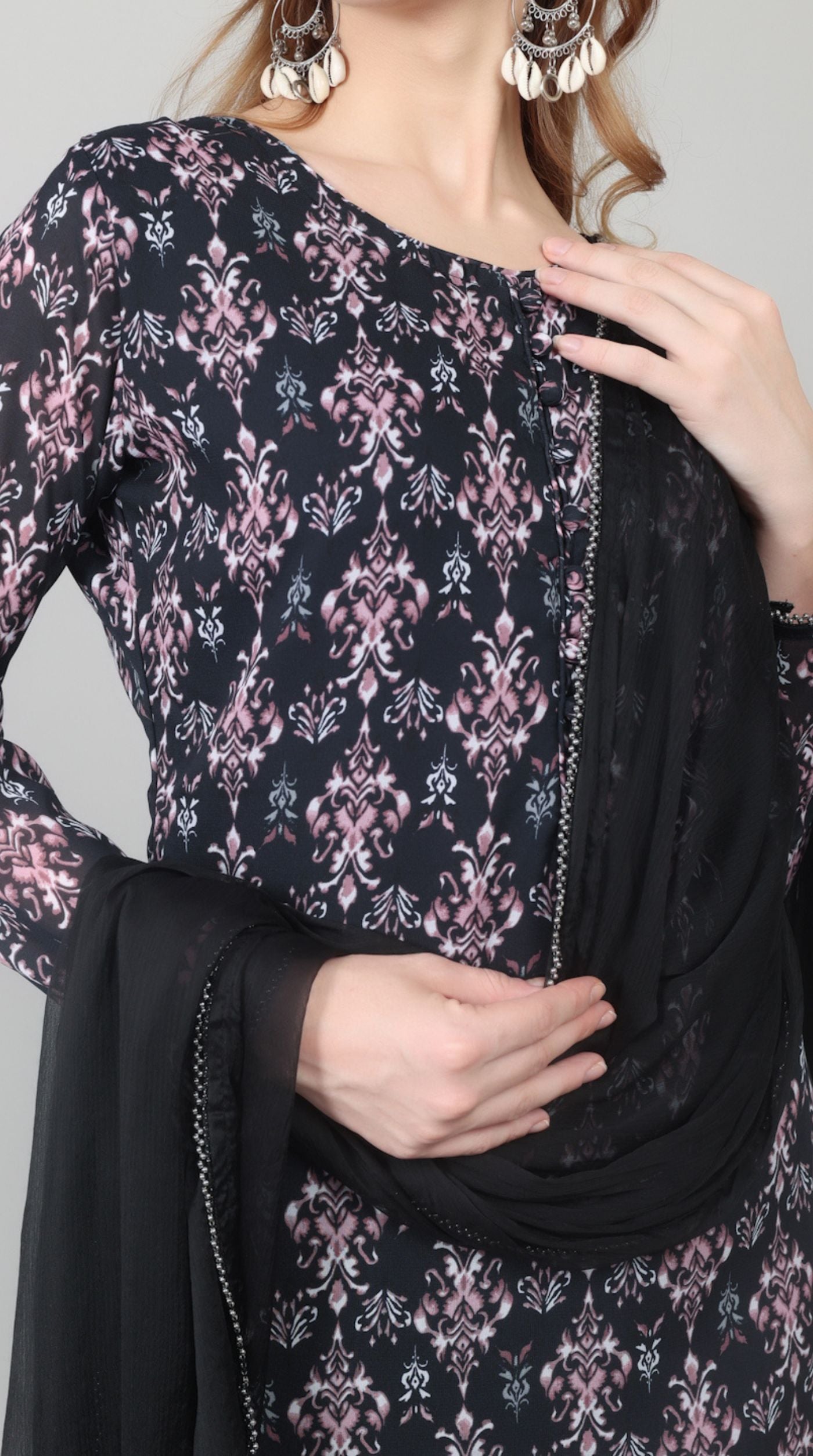 Black Georgette Printed Straight Suit Set