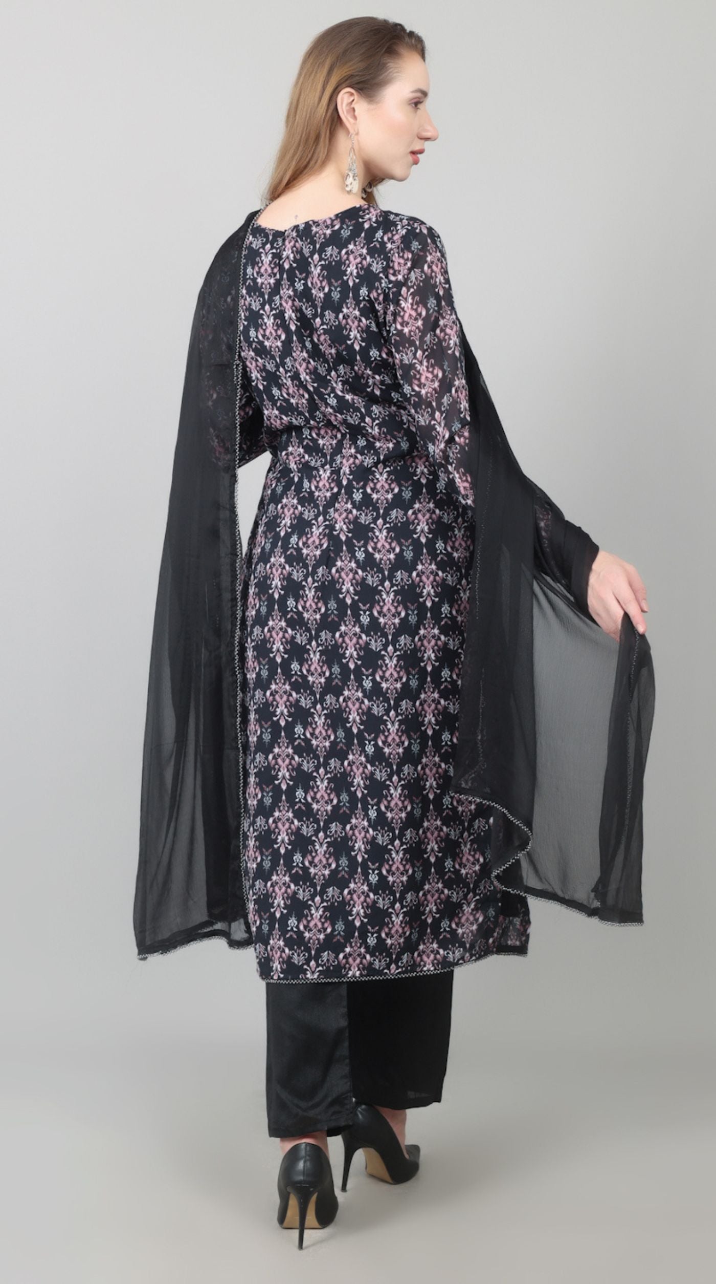 Black Georgette Printed Straight Suit Set