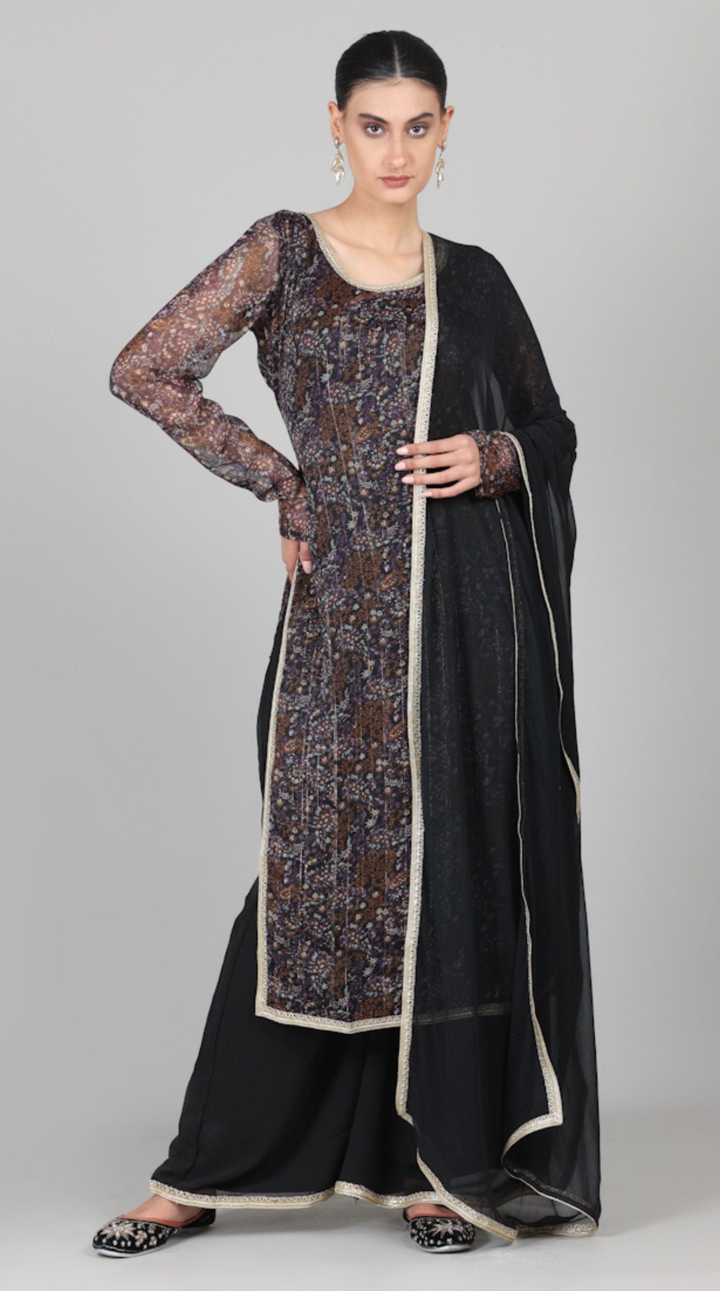 Black Georgette Lurex Palazzo Suit Set