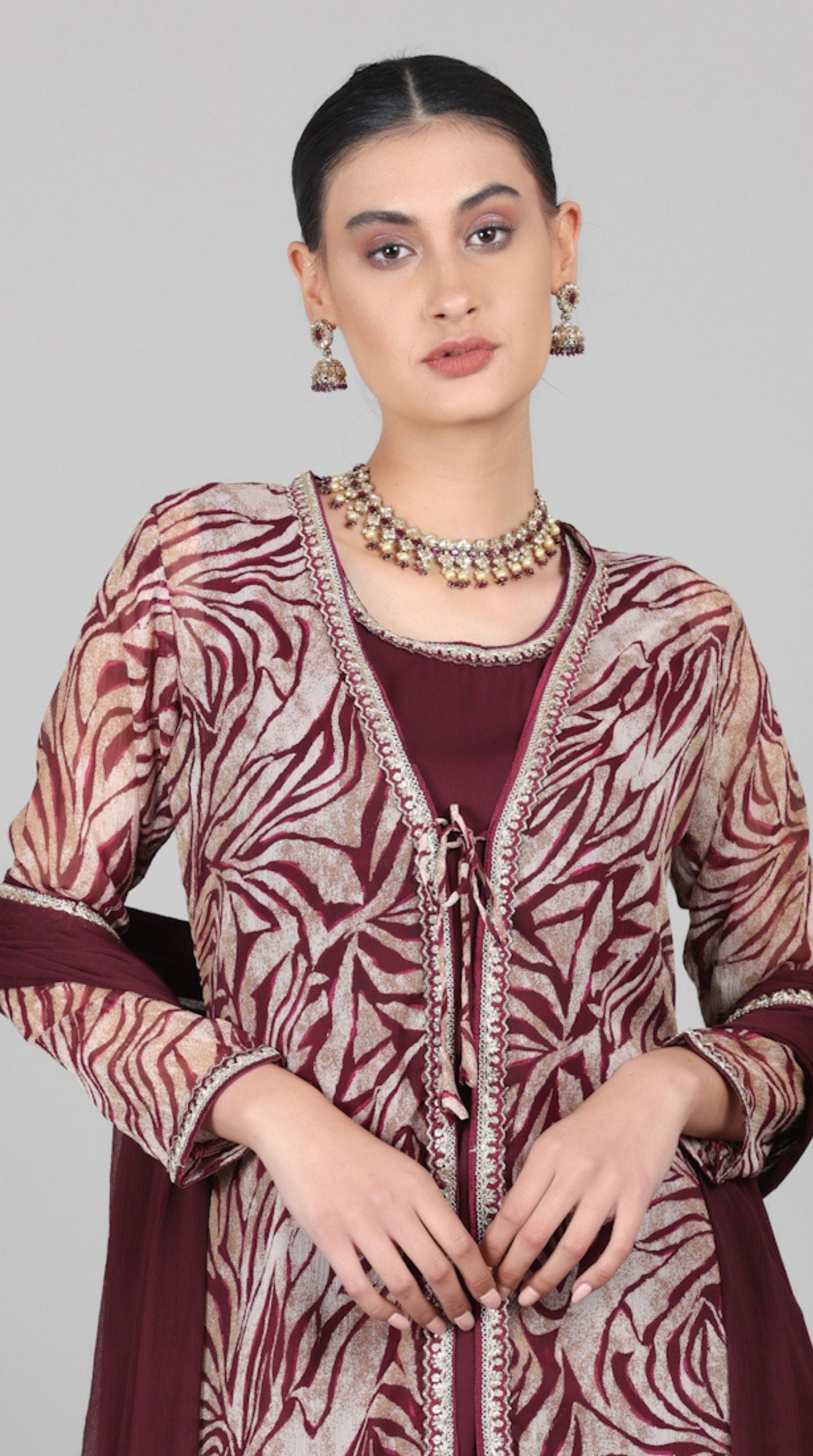 Wine A-line Jacket Style Suit Set