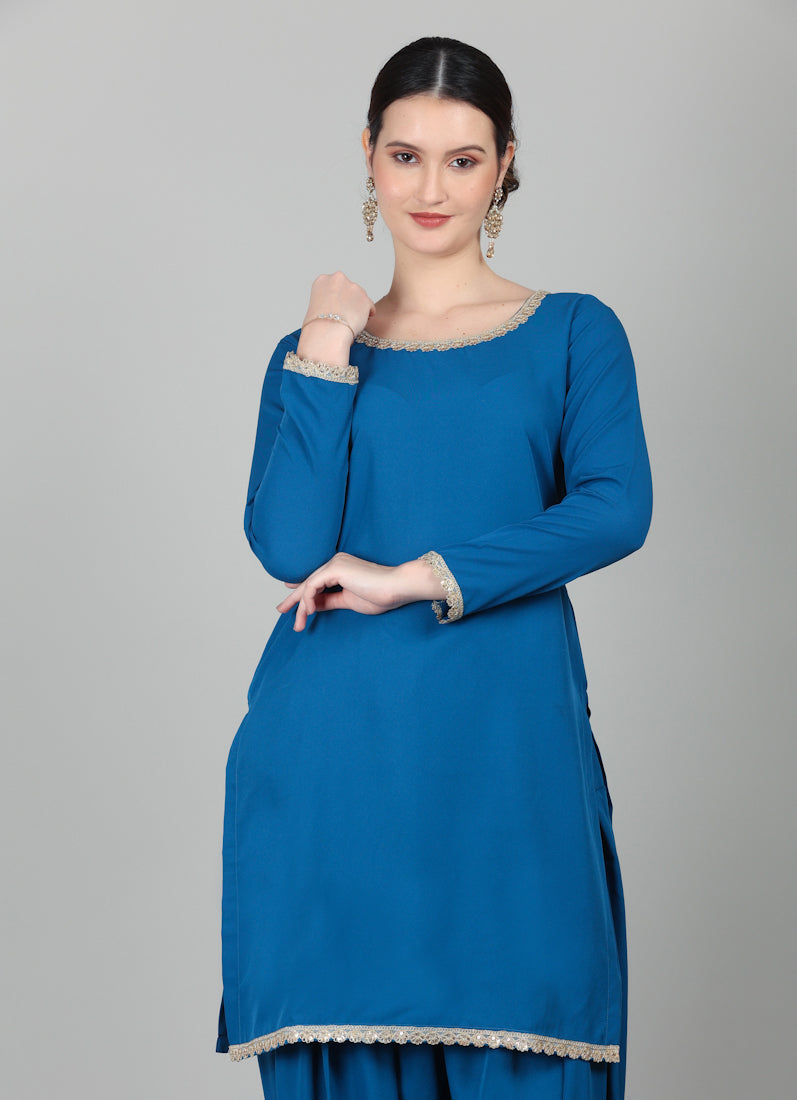 Blue Crepe Printed Dupatta Suit Set