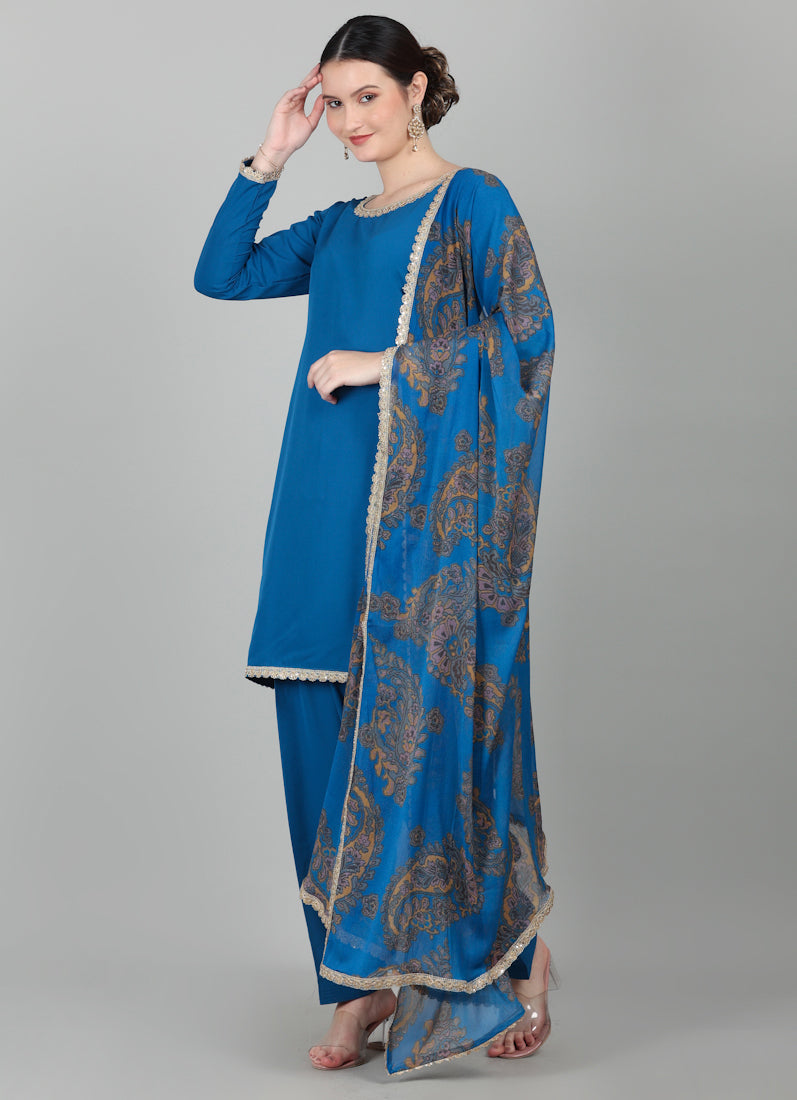 Blue Crepe Printed Dupatta Suit Set