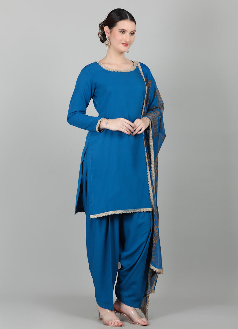 Blue Crepe Printed Dupatta Suit Set