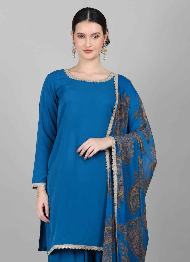Blue Crepe Printed Dupatta Suit Set