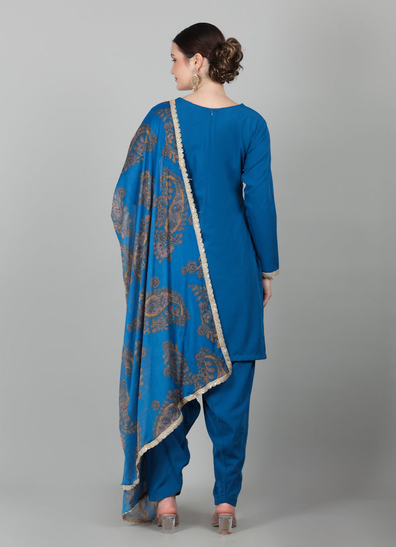Blue Crepe Printed Dupatta Suit Set
