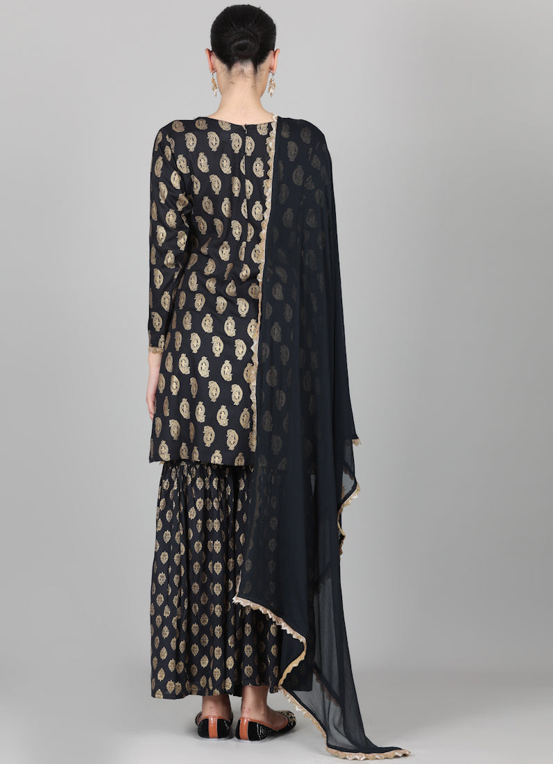 Black Rayon Foil Printed Gharara Suit Set