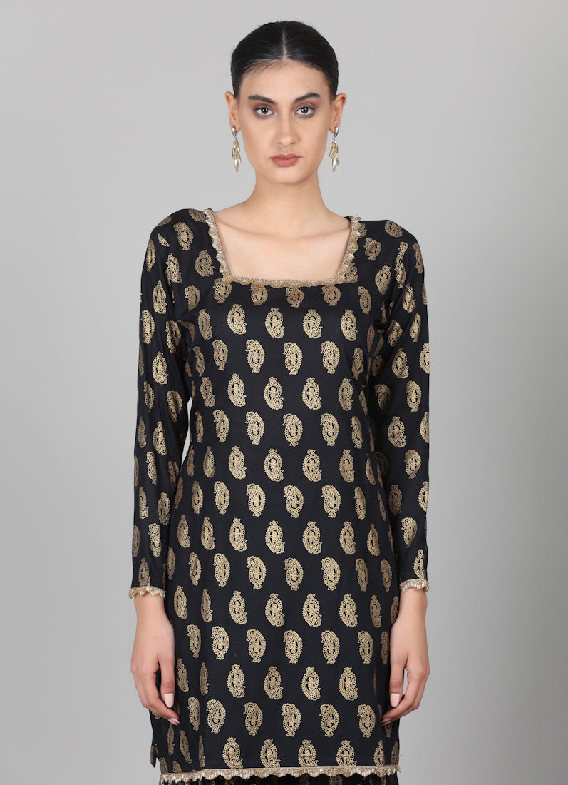 Black Rayon Foil Printed Gharara Suit Set