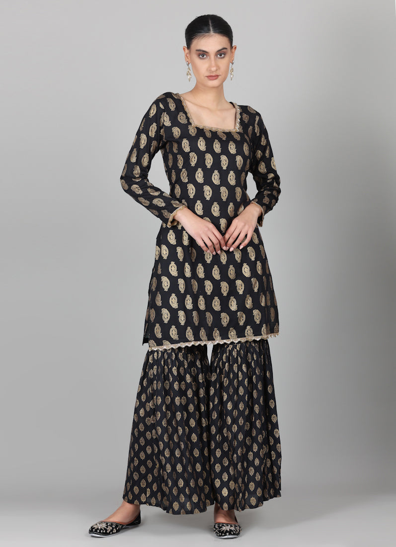 Black Rayon Foil Printed Gharara Suit Set