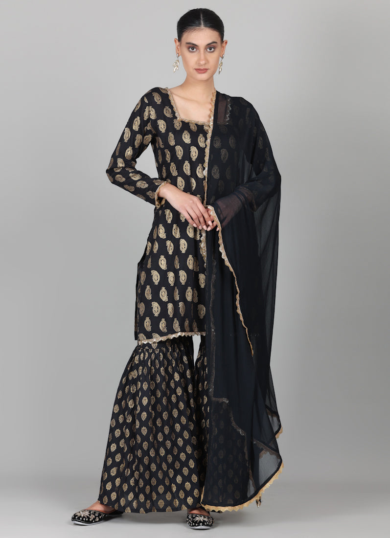 Black Rayon Foil Printed Gharara Suit Set