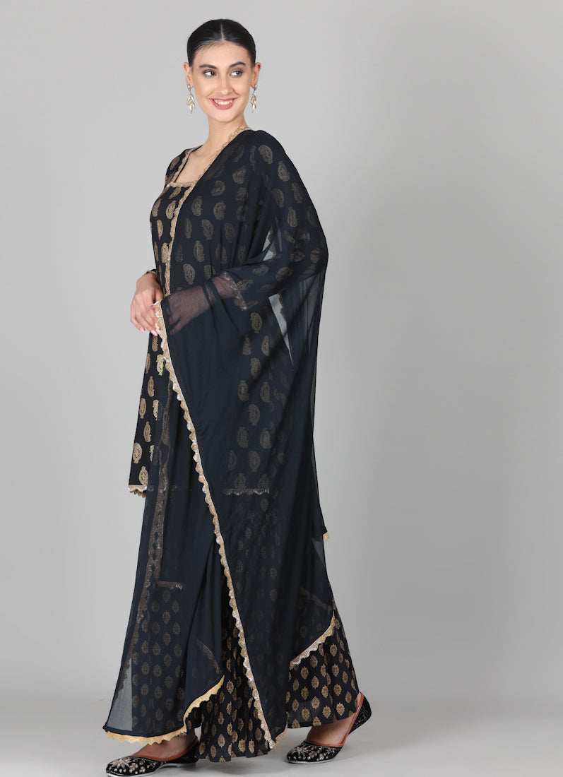 Black Rayon Foil Printed Gharara Suit Set