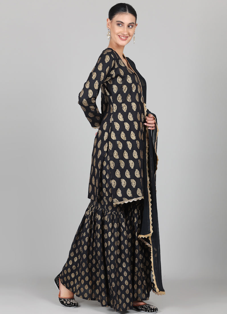 Black Rayon Foil Printed Gharara Suit Set