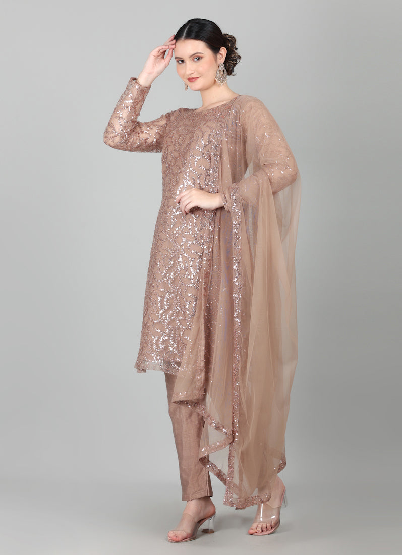 Mouse Brown Net Sequins Embroidered Suit Set