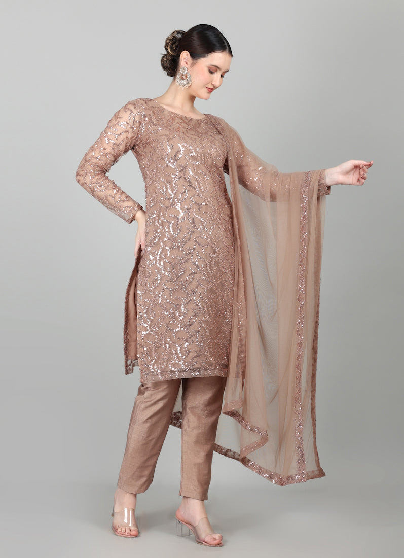 Mouse Brown Net Sequins Embroidered Suit Set