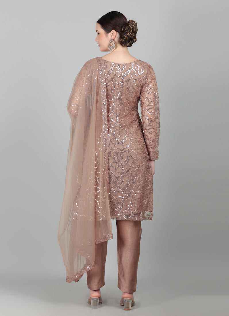 Mouse Brown Net Sequins Embroidered Suit Set