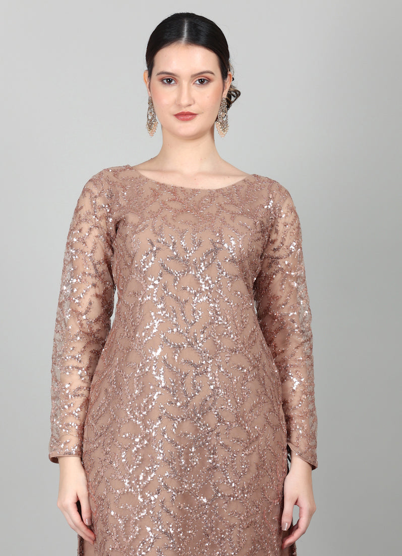 Mouse Brown Net Sequins Embroidered Suit Set