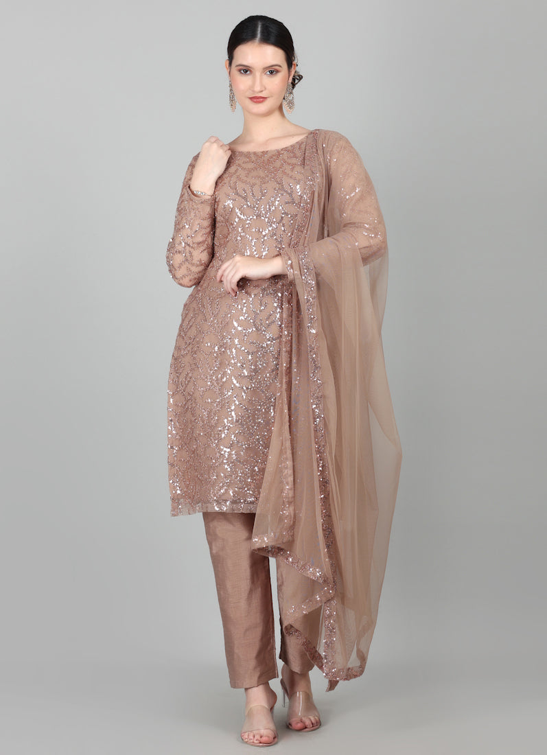 Mouse Brown Net Sequins Embroidered Suit Set