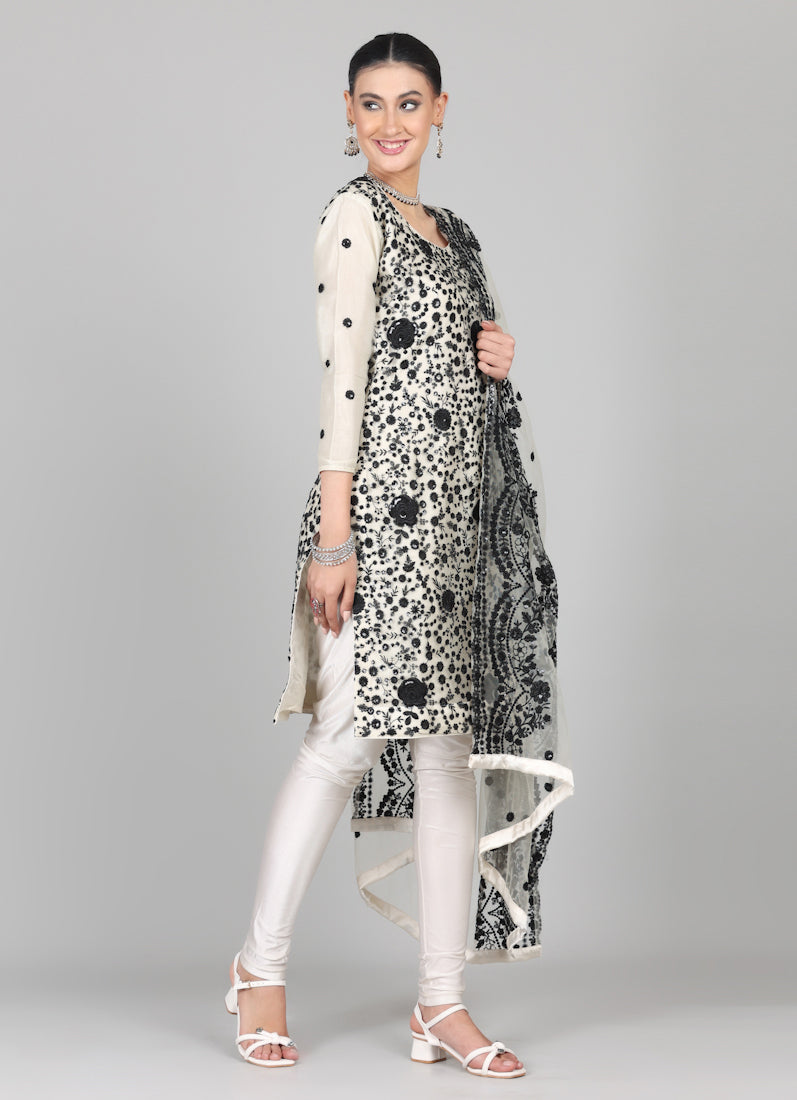 Cream-Black Sequins Embroidered Suit Set
