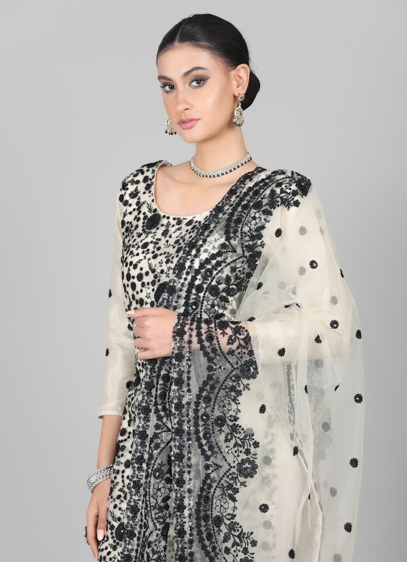 Cream-Black Sequins Embroidered Suit Set