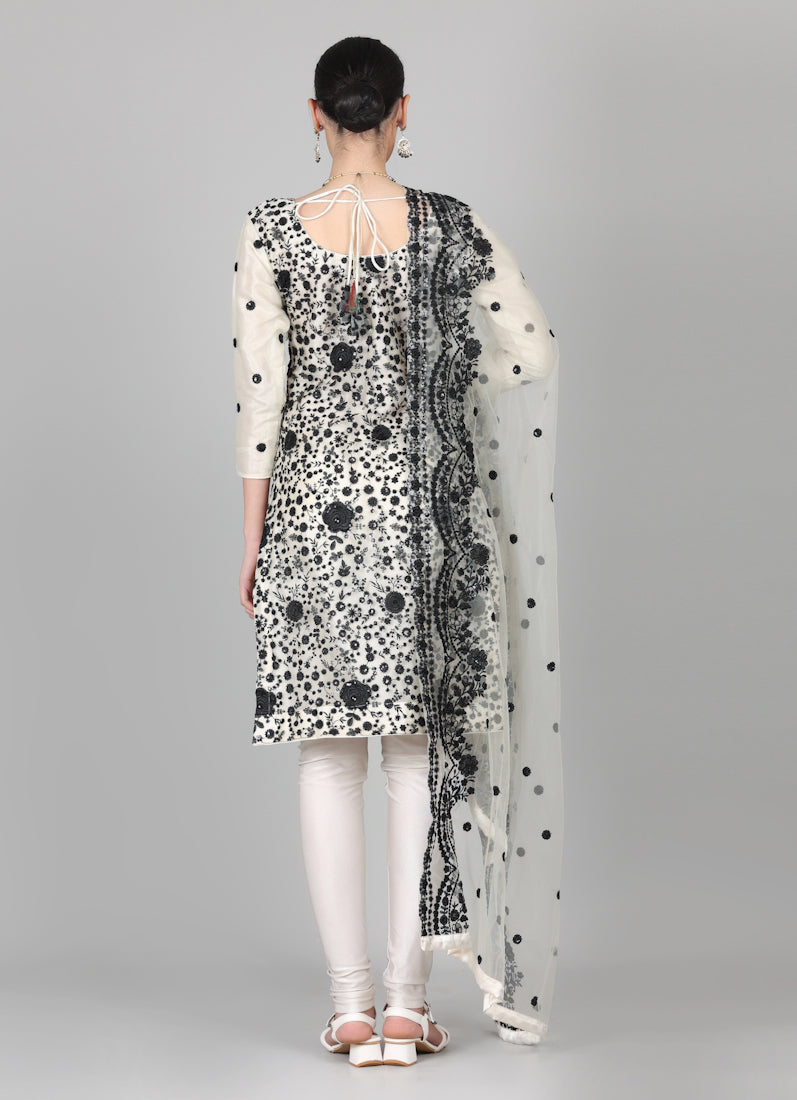 Cream-Black Sequins Embroidered Suit Set
