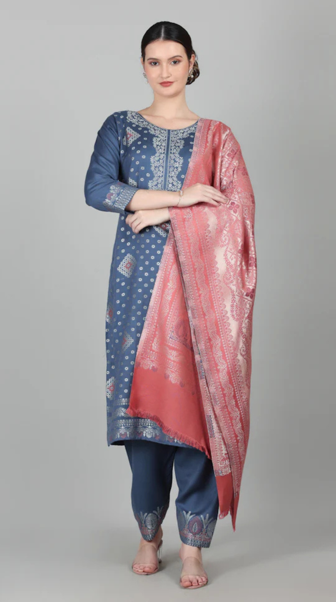 Blue Straight Cut Shawl Suit Set