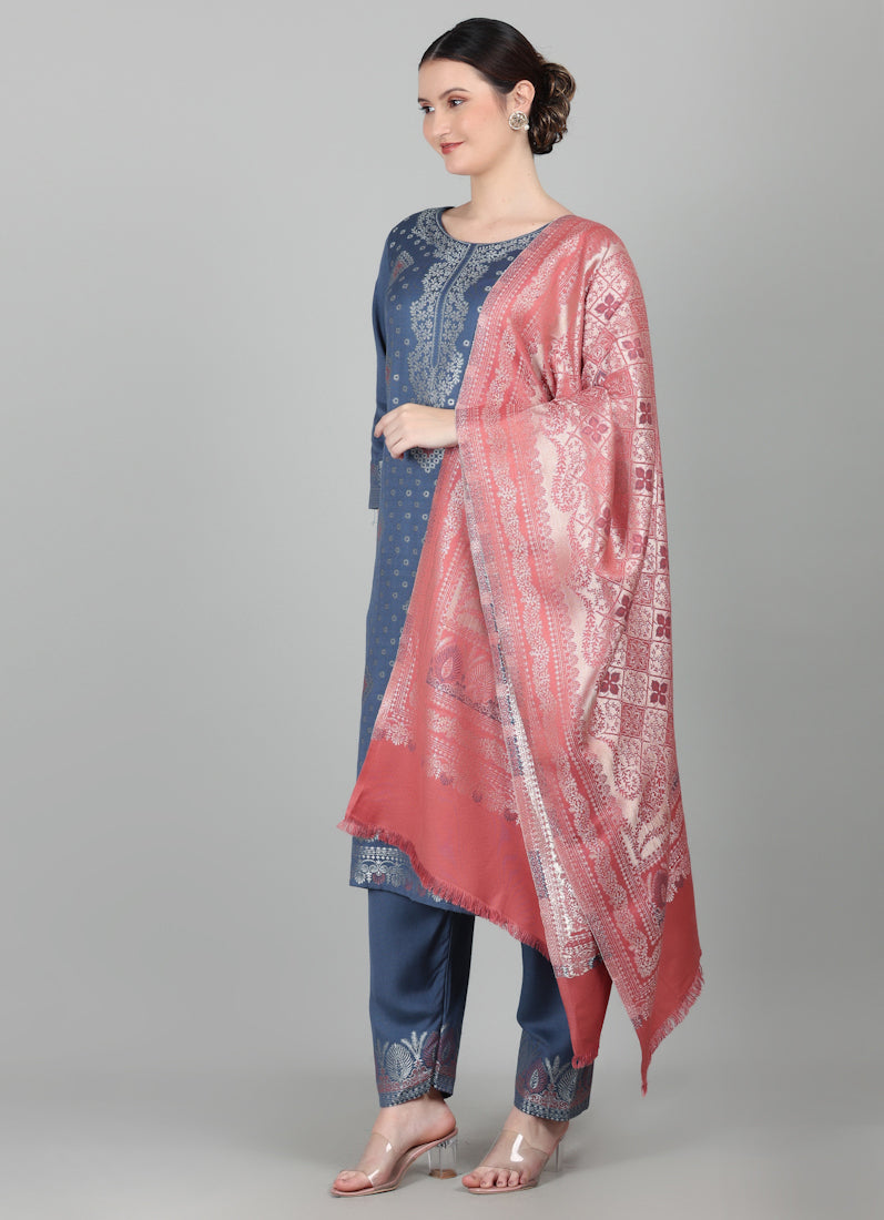 Blue Straight Cut Shawl Suit Set