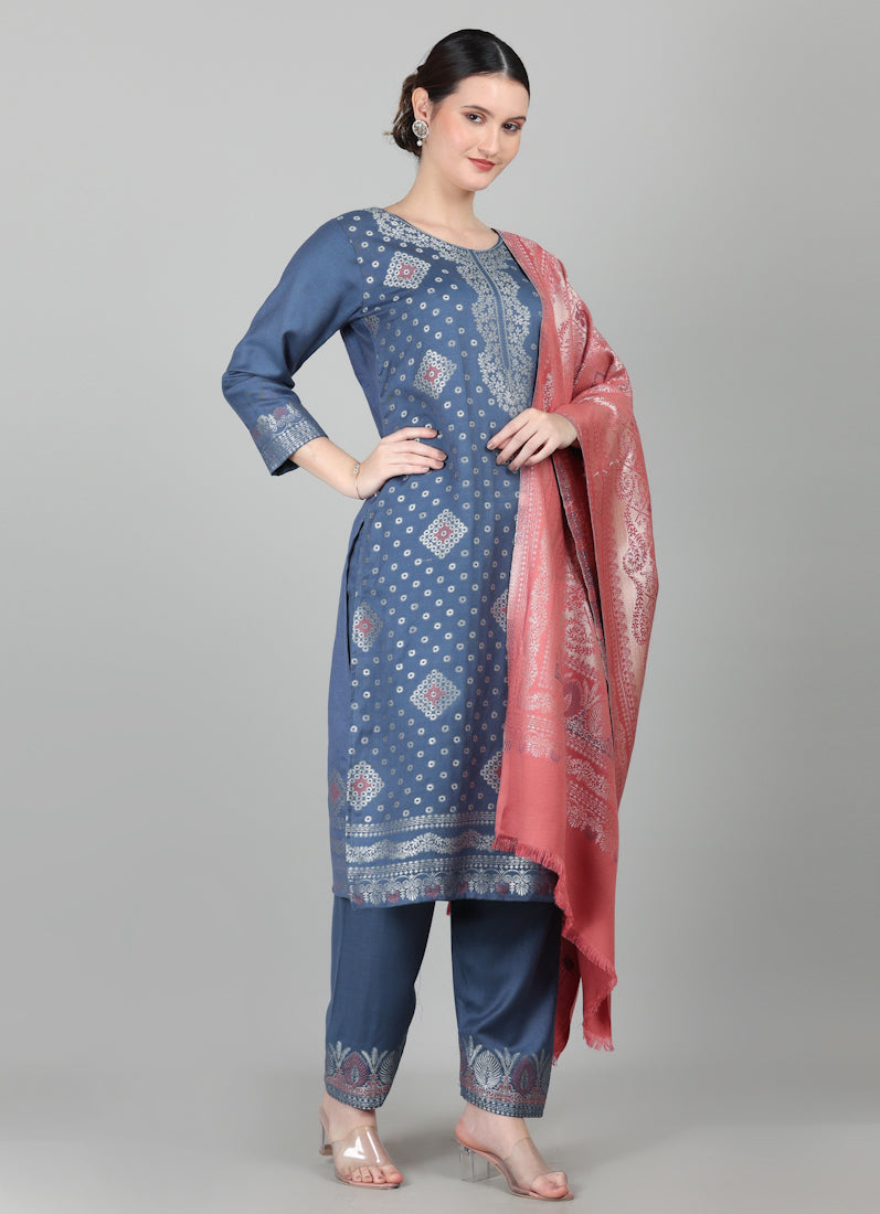 Blue Straight Cut Shawl Suit Set