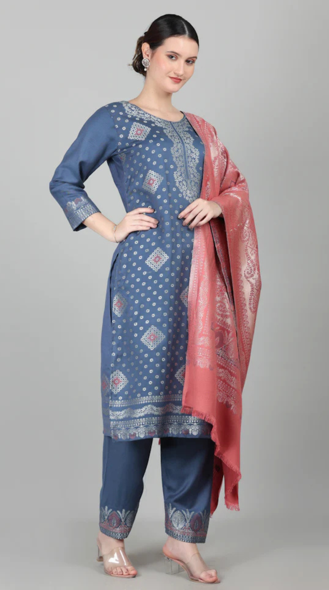 Blue Straight Cut Shawl Suit Set