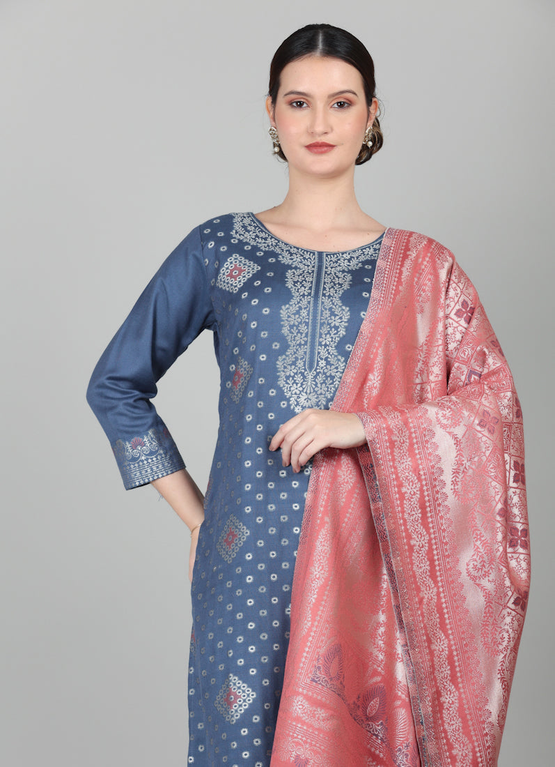 Blue Straight Cut Shawl Suit Set