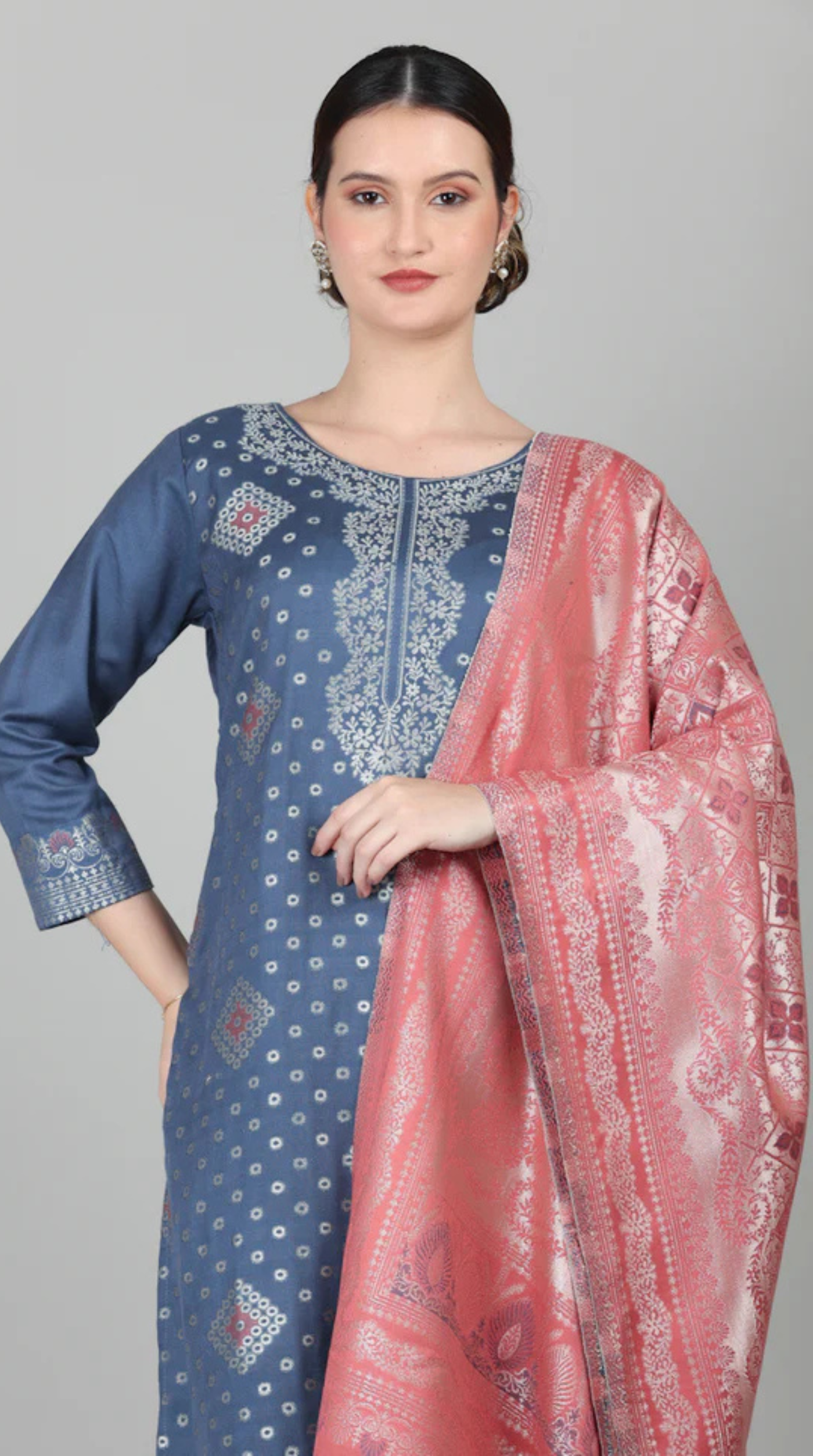 Blue Straight Cut Shawl Suit Set