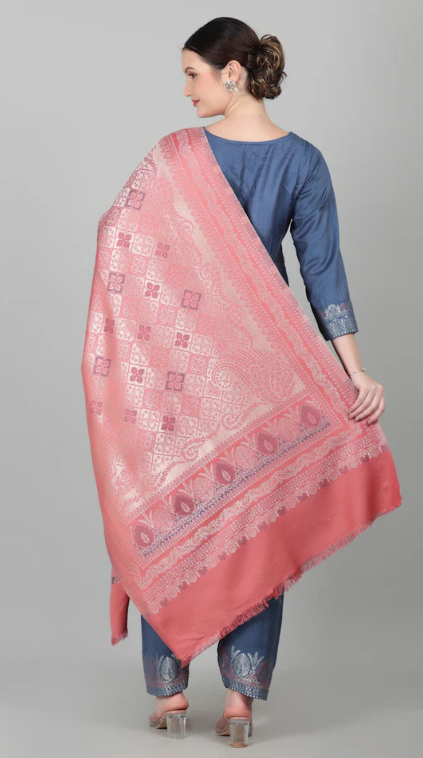 Blue Straight Cut Shawl Suit Set