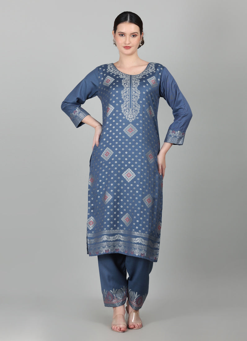 Blue Straight Cut Shawl Suit Set