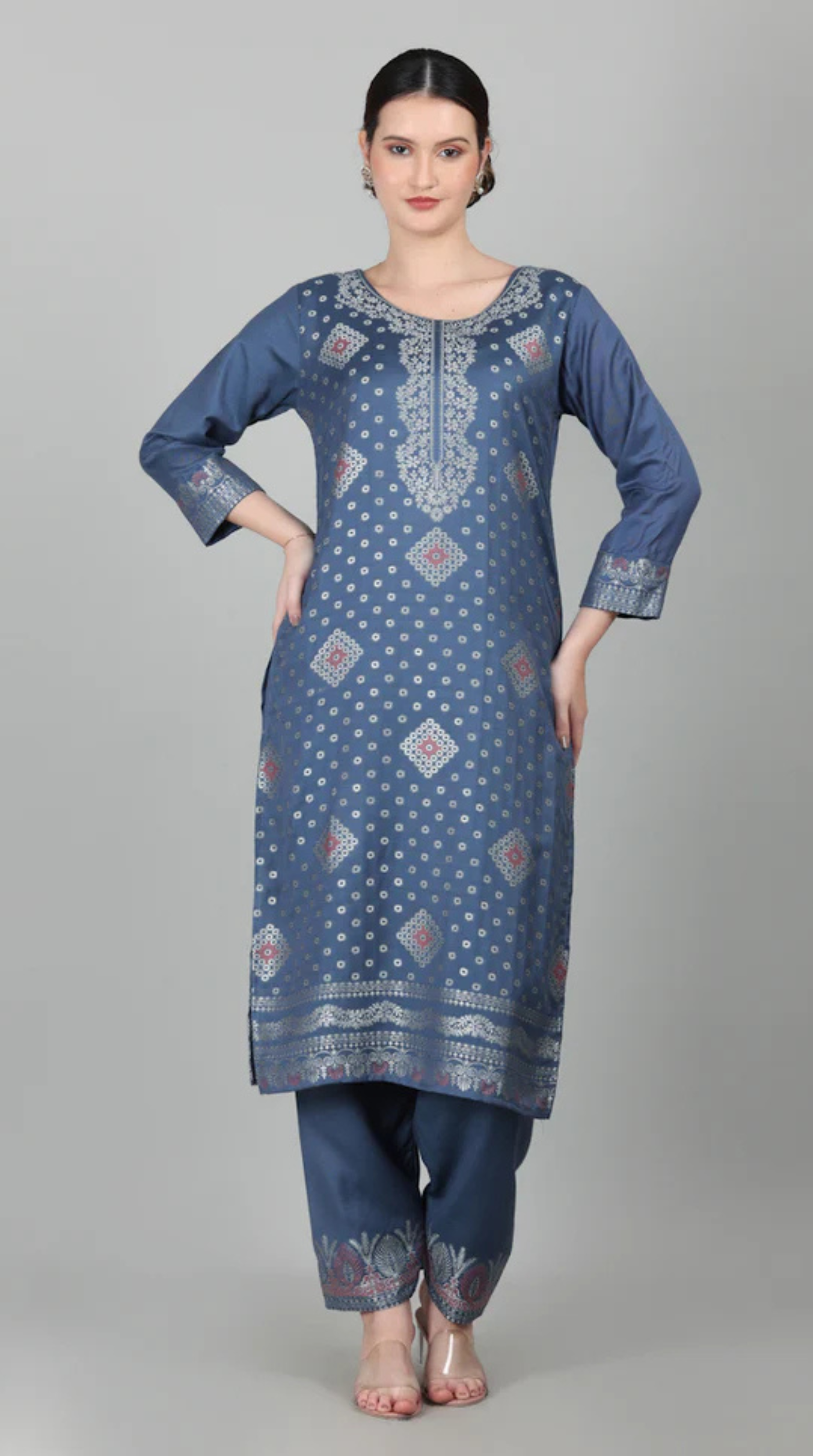 Blue Straight Cut Shawl Suit Set
