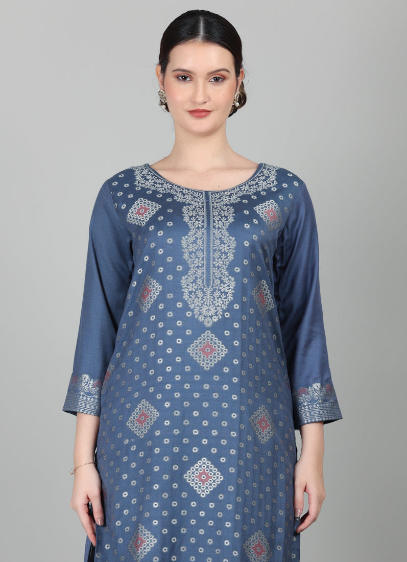 Blue Straight Cut Shawl Suit Set