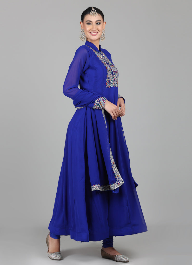 Royal Blue Georegtte Anarkali Suit Set