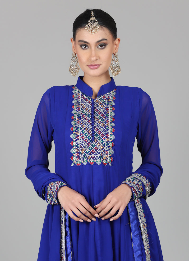 Royal Blue Georegtte Anarkali Suit Set
