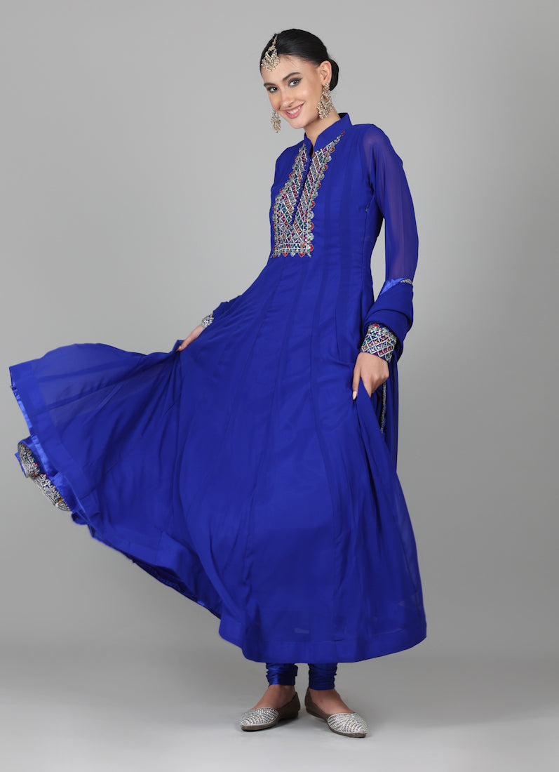 Royal Blue Georegtte Anarkali Suit Set