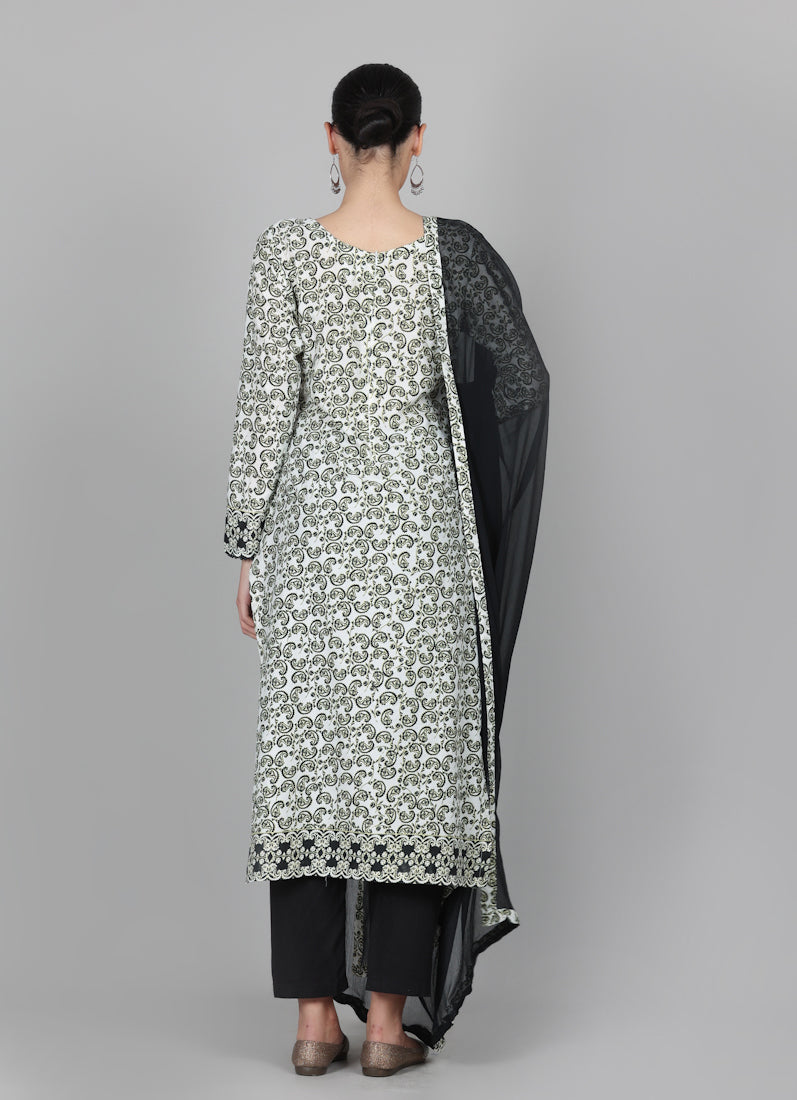 Black Rayon Ditzzy Printed Straight Cut Suit Set