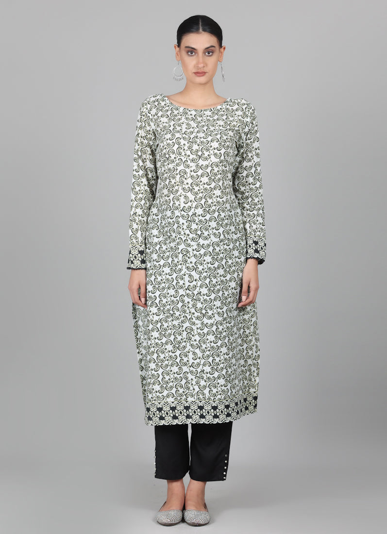 Black Rayon Ditzzy Printed Straight Cut Suit Set